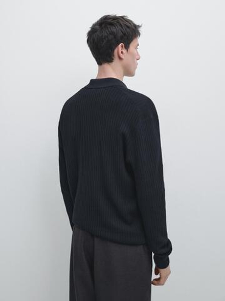 Massimo Dutti Трикотажный свитер из смесового хлопка с воротником-поло, темно-синий