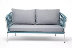 "Диего" диван 2-местный плетеный из роупа, каркас алюминий светло-серый (RAL7035) муар, роуп бирюзовый круглый, ткань светло-серая