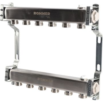Коллектор Rommer 1"x3/4" на 6 контуров для радиаторной разводки (нерж. сталь) RMS-4401-000006
