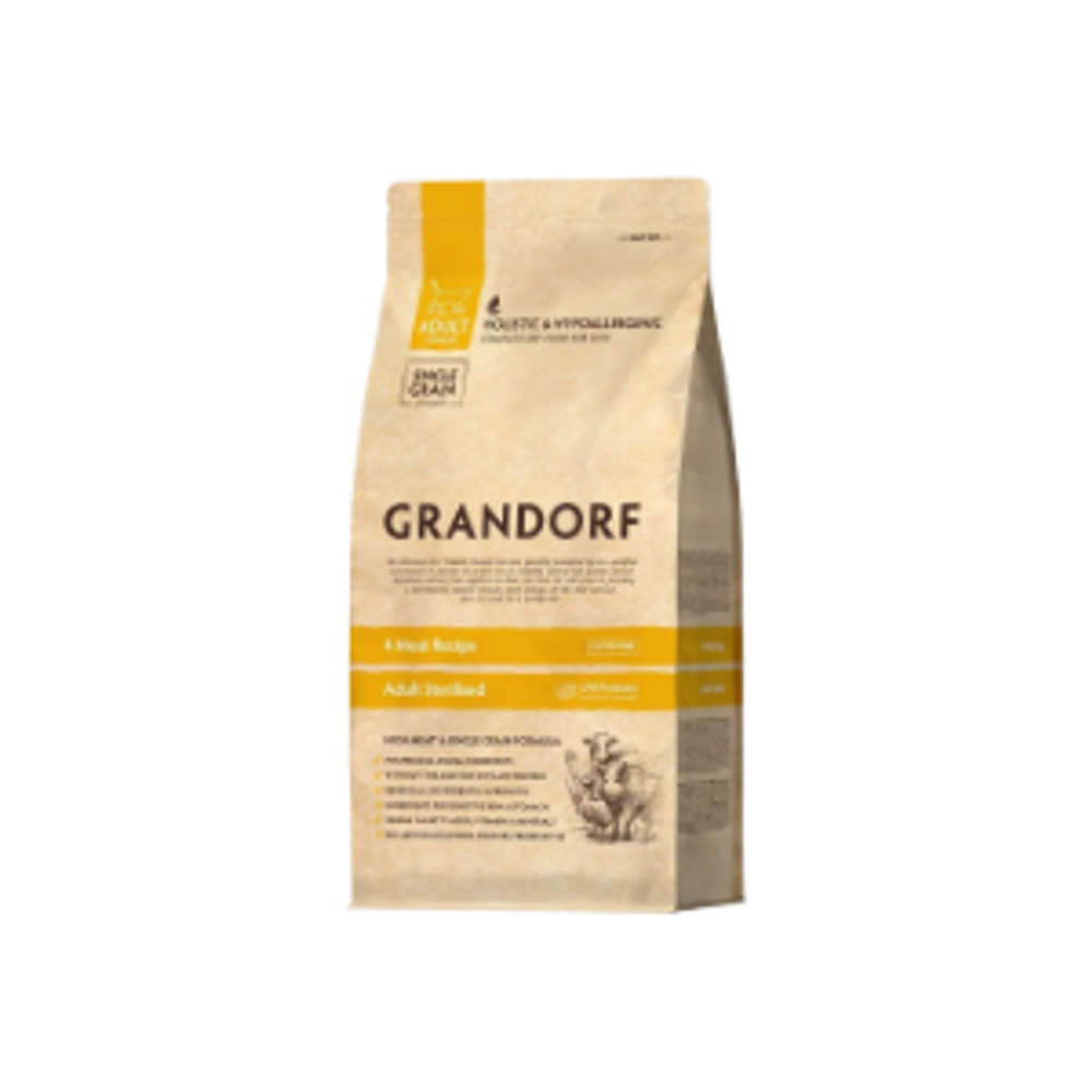 Сухой низкозерновой корм GRANDORF CAT 4 Meat PROBIOTIC STERILISED Четыре вида мяса для стерилизованных кошек 8кг