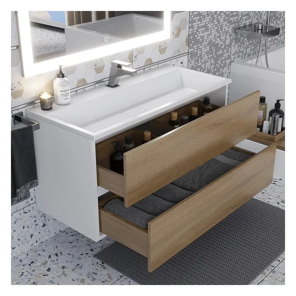 Тумба с раковиной Uperwood Barsa 100 см, раковина белая, подвесная тумба белая/дуб сонома