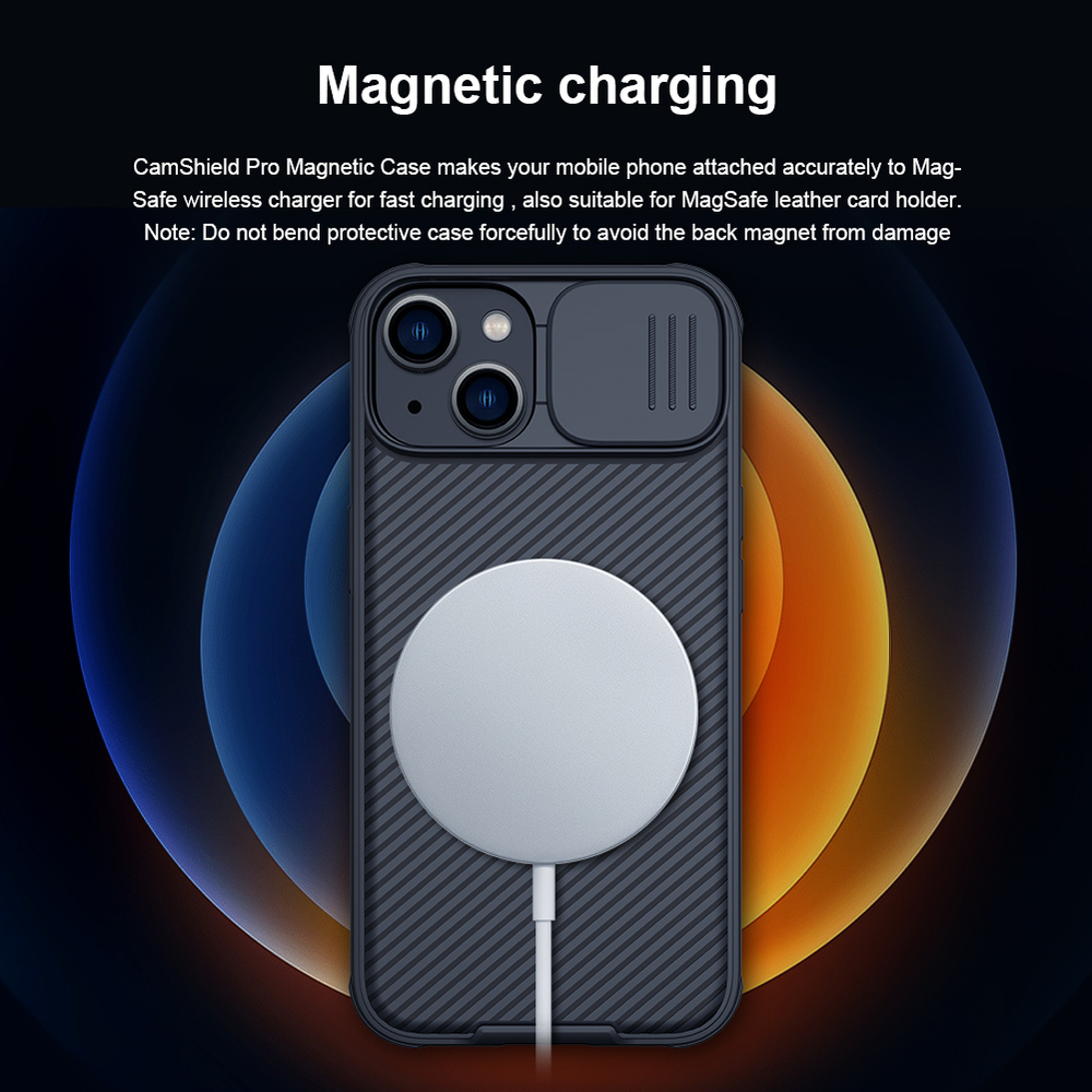 Чехол синего цвета от Nillkin с поддержкой MagSafe для iPhone 14 и 13, с защитной шторкой камеры, серия CamShield Pro Magnetic Case