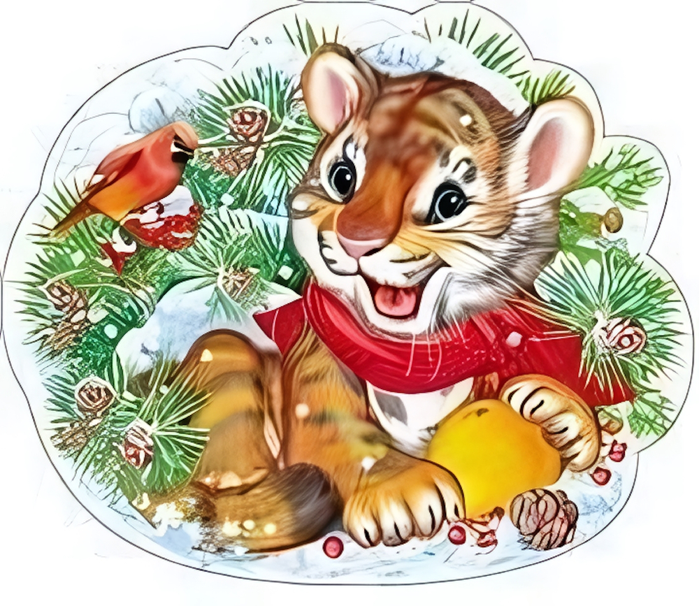 Плакат вырубной А4. Тигренок в дарах зимы (с уф-лаком)