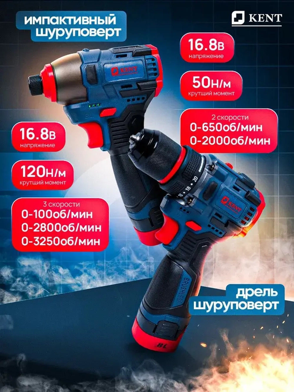 Набор инструментов аккумуляторный KENT 2в1 Шуруповерт и Гайковерт, 2АКБ 16,8V