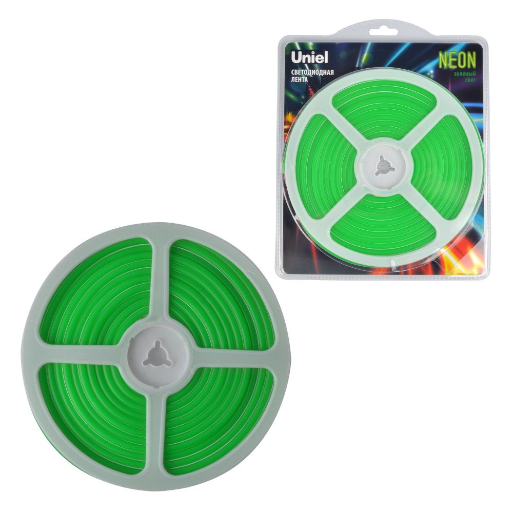 ULS-N01-2835-120LED-m-6mm-IP67-DC12V-9W-m-5M-GREEN Гибкая светодиодная лента. NEON. Катушка 5м. в блистере. Зеленый свет. ТМ Uniel