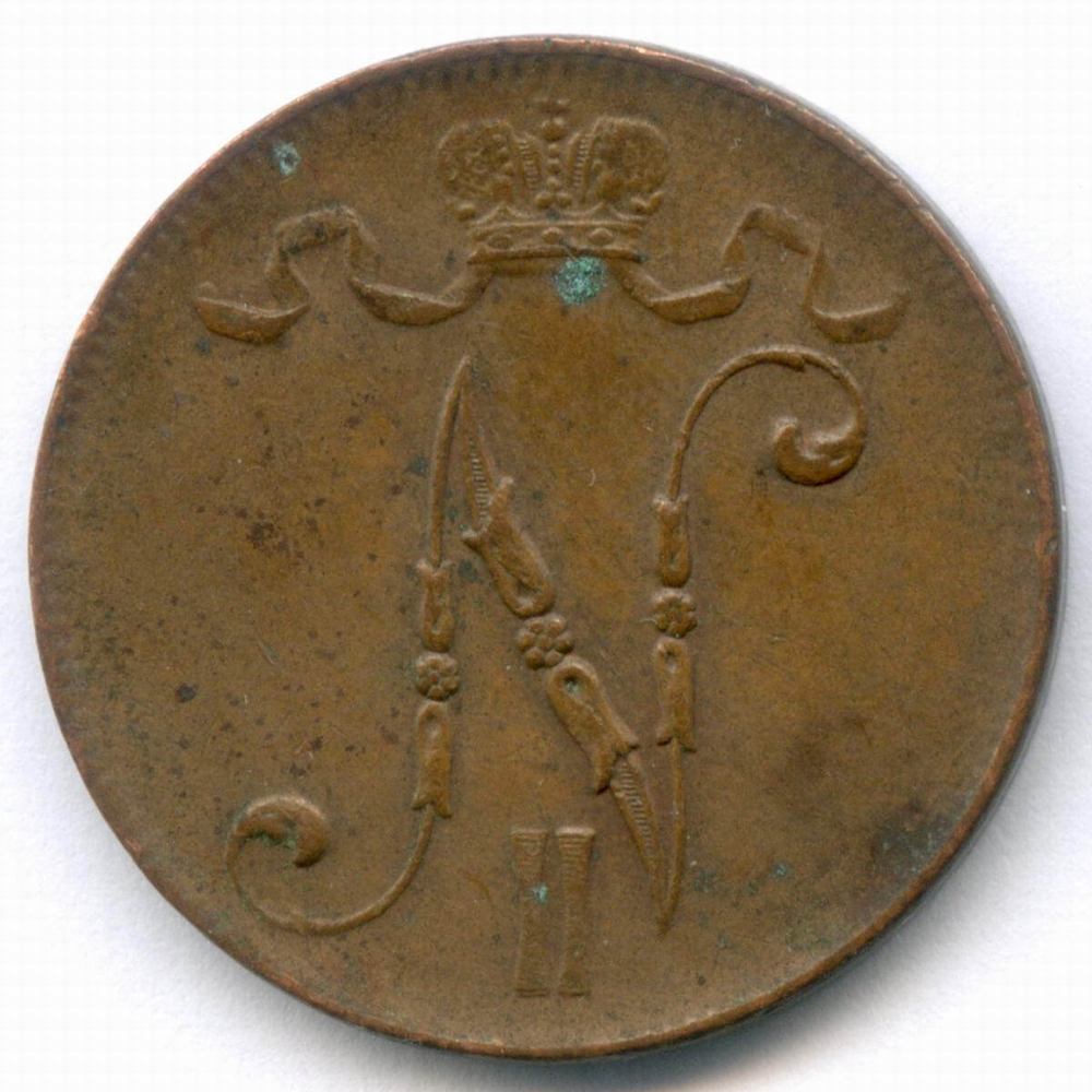 5 пенни 1916 год. Россия для Финляндии (Вензель Николая II). VF-XF