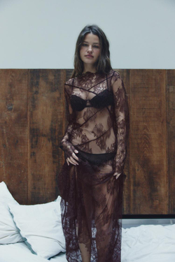 ZARA КРУЖЕВНОЕ ПЛАТЬЕ МИДИ, КОРИЧНЕВЫЙ