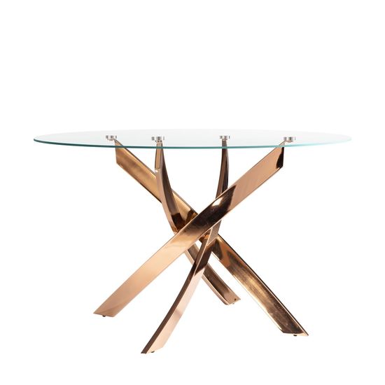 Круглый обеденный стол 1169-Ø110 из закаленного стекла и розовой стали