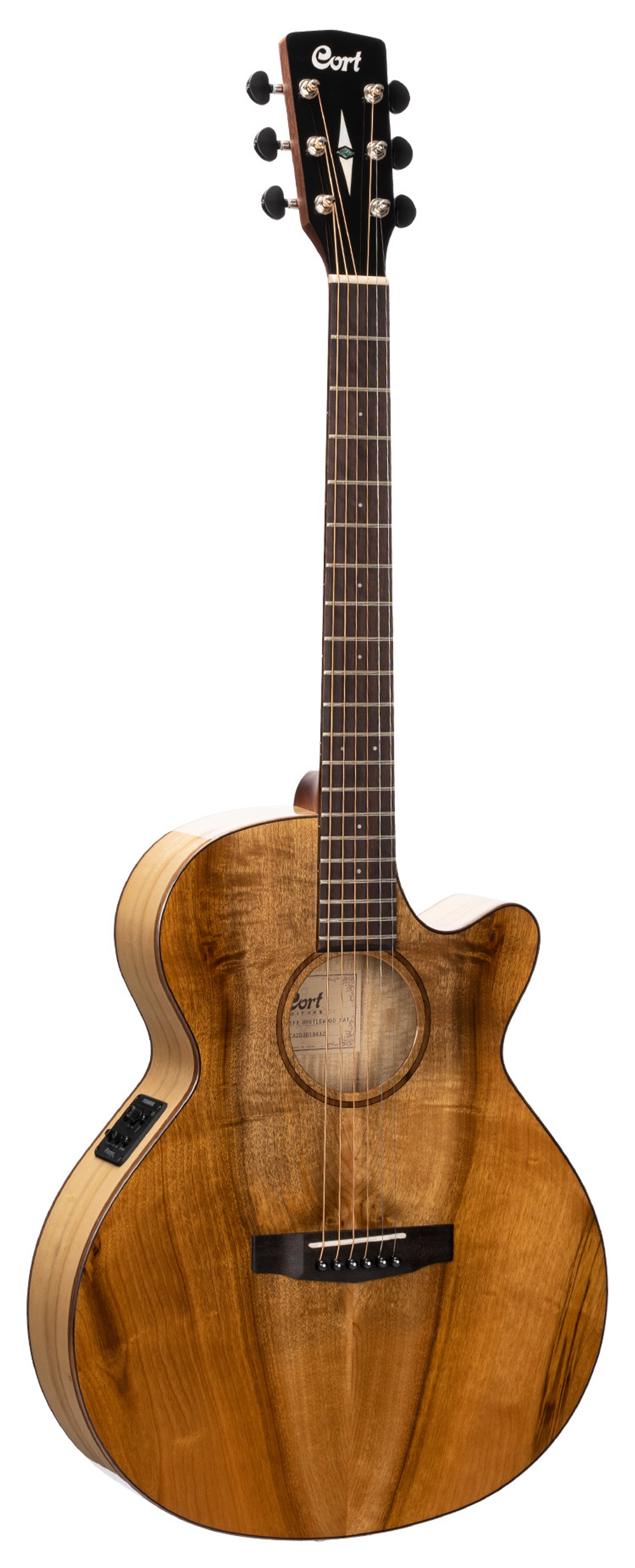 Cort SFX-Myrtlewood-BR SFX (Stage Friendly X, "Подходящий для Сцены"). Электро-акустическая гитара, с вырезом. Верхняя дека: массив умбеллюлярии (Myrtlewood). Задняя дека и обечайка: умбеллюлярия (Myrtlewood). Цвет коричневый.