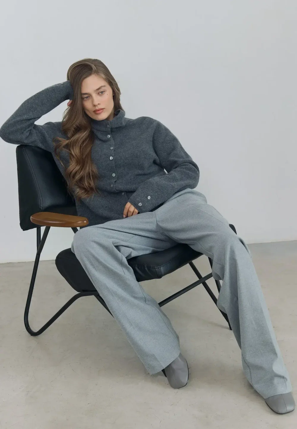 Кашемировый кардиган “Wave” с ассиметричным краем, Серый