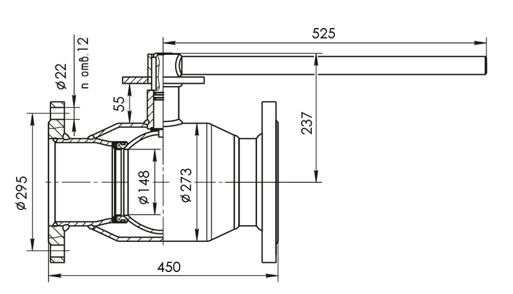 Кран шаровый Temper Ду200 Ру16 стандартнопроходной тип 283 фланцевый, ст. 20, L=450 мм
