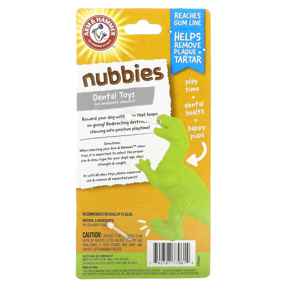 Arm & Hammer, Nubbies, стоматологические игрушки для людей, которые не любят жевать, T-Rex, мята, 1 игрушка