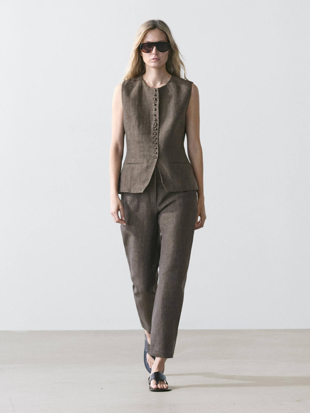 Massimo Dutti Льняные брюки бочкообразного кроя, шоколадный