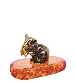 AM- 469 Фигурка «Мышь с зернышком» (латунь, янтарь)