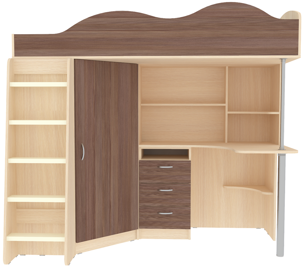 Кровать-чердак КарИВи Пионер с деревянной лестницей  Дуб Молочный Бодего Темный