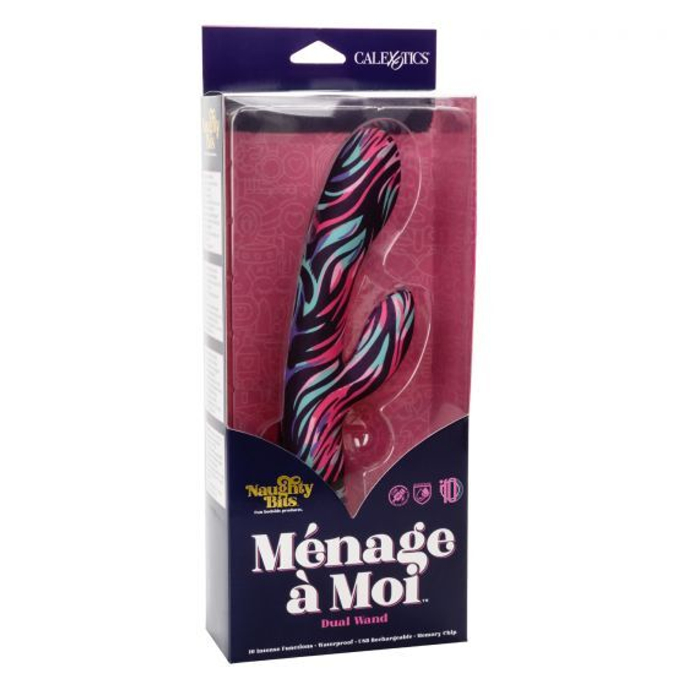 Черный вибратор-кролик Menage à Moi Dual Wand с ярким принтом - 21 см. (Цвет: черный)