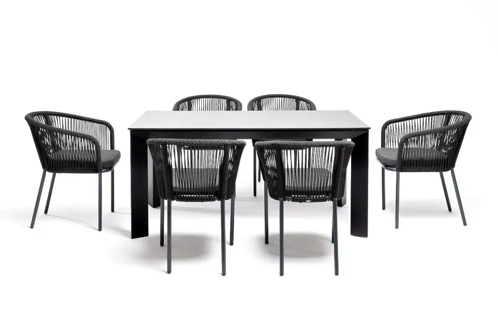 "Венето" обеденная группа на 6 персон со стульями "Марсель", каркас темно-серый, роуп темно-серый