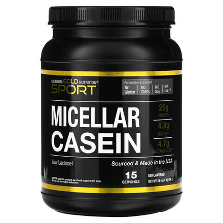 California Gold Nutrition, Sport, мицеллярный казеин, без добавок, медленное усвоение, 454 г (16 унций)