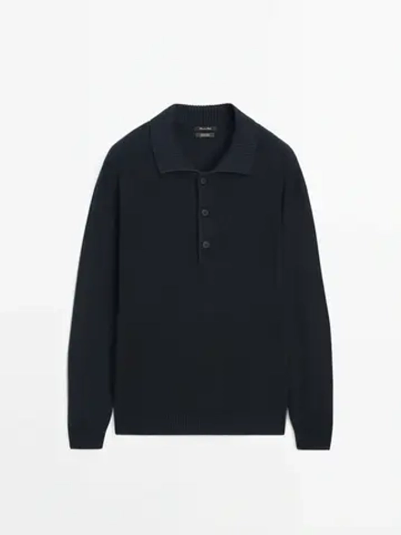 Massimo Dutti Хлопковый свитер с воротником поло, темно-синий