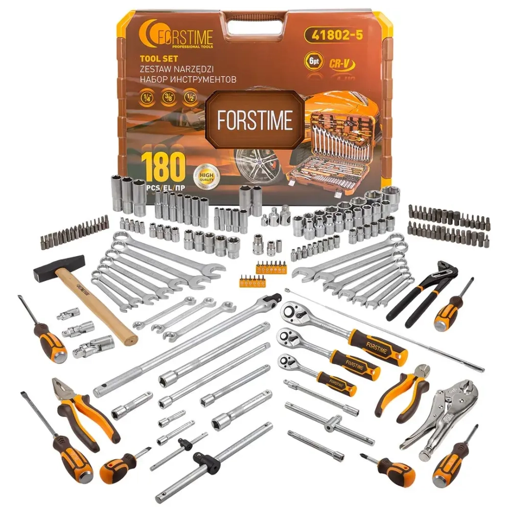 Набор инструментов 180пр.1/4''&amp;3/8''&amp;1/2'' (6-гран.)(4-32мм) FORSTIME FT-41802-5
