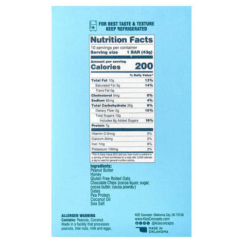 KiZE Life Changing Bar, овсяные батончики с шоколадной крошкой, 10 батончиков по 43 г (1,5 унции)
