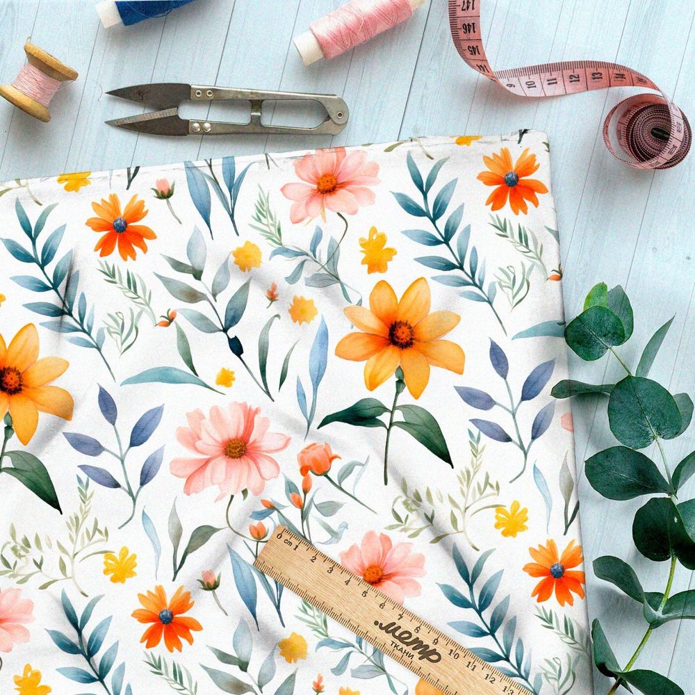 Ткань премиум шелк искусственный Армани цветочная акварель