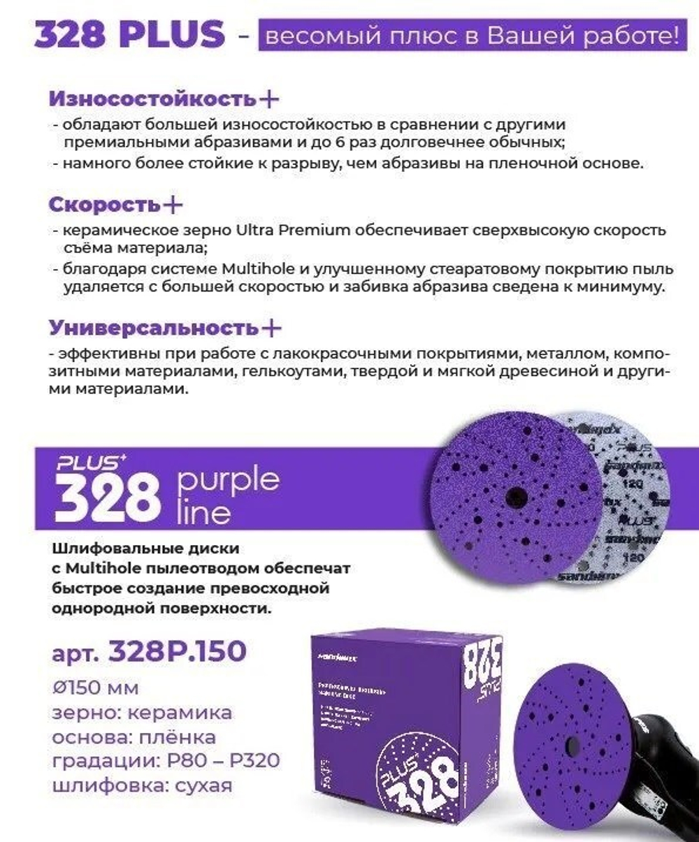 SANDWOX PLUS PURPLE диск на пленочной основе, керамика Ø150мм,  Р120, липучка, Multi holes