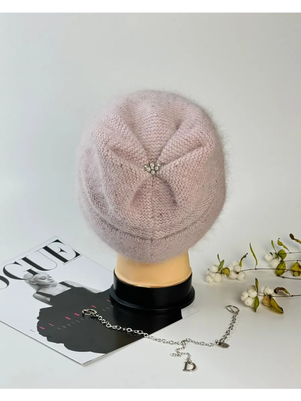 шапка зимняя вязаная ангора с пайетками