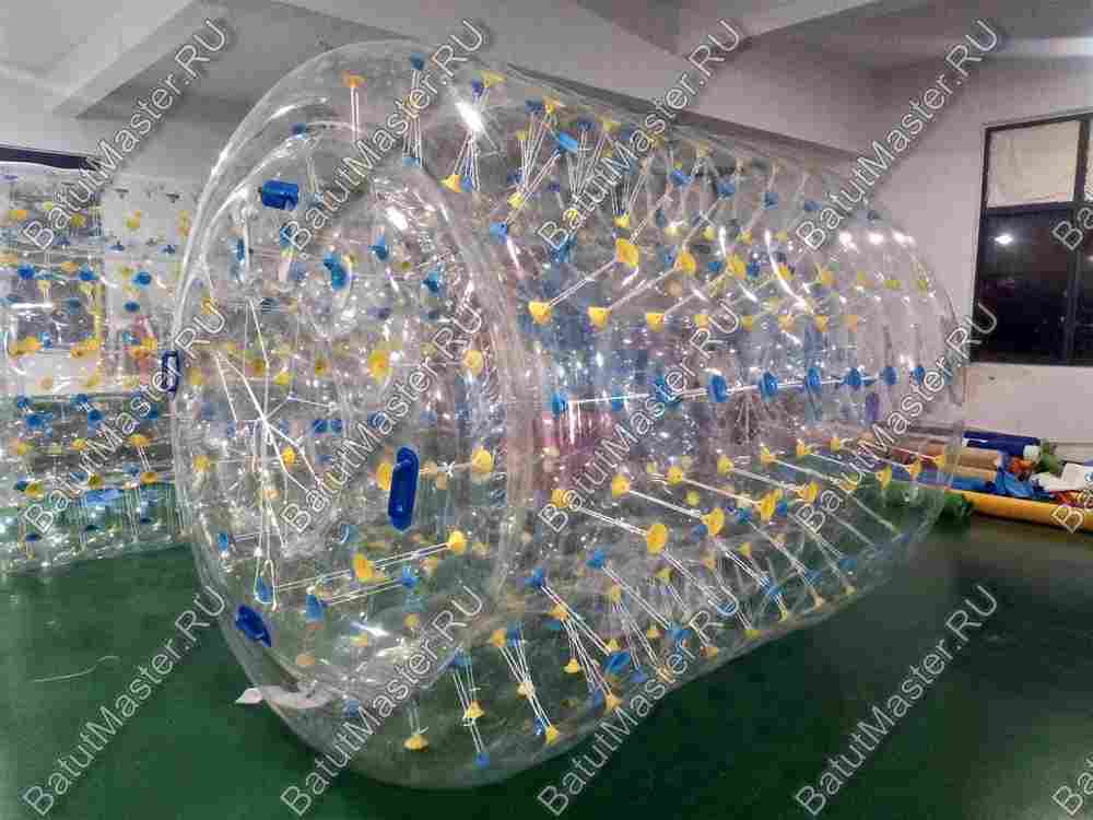 Аттракцион Водный роллер (Гидророллер) "Прозрачный с желто-синими держателями" ПВХ, 2*1,8*1,8 м