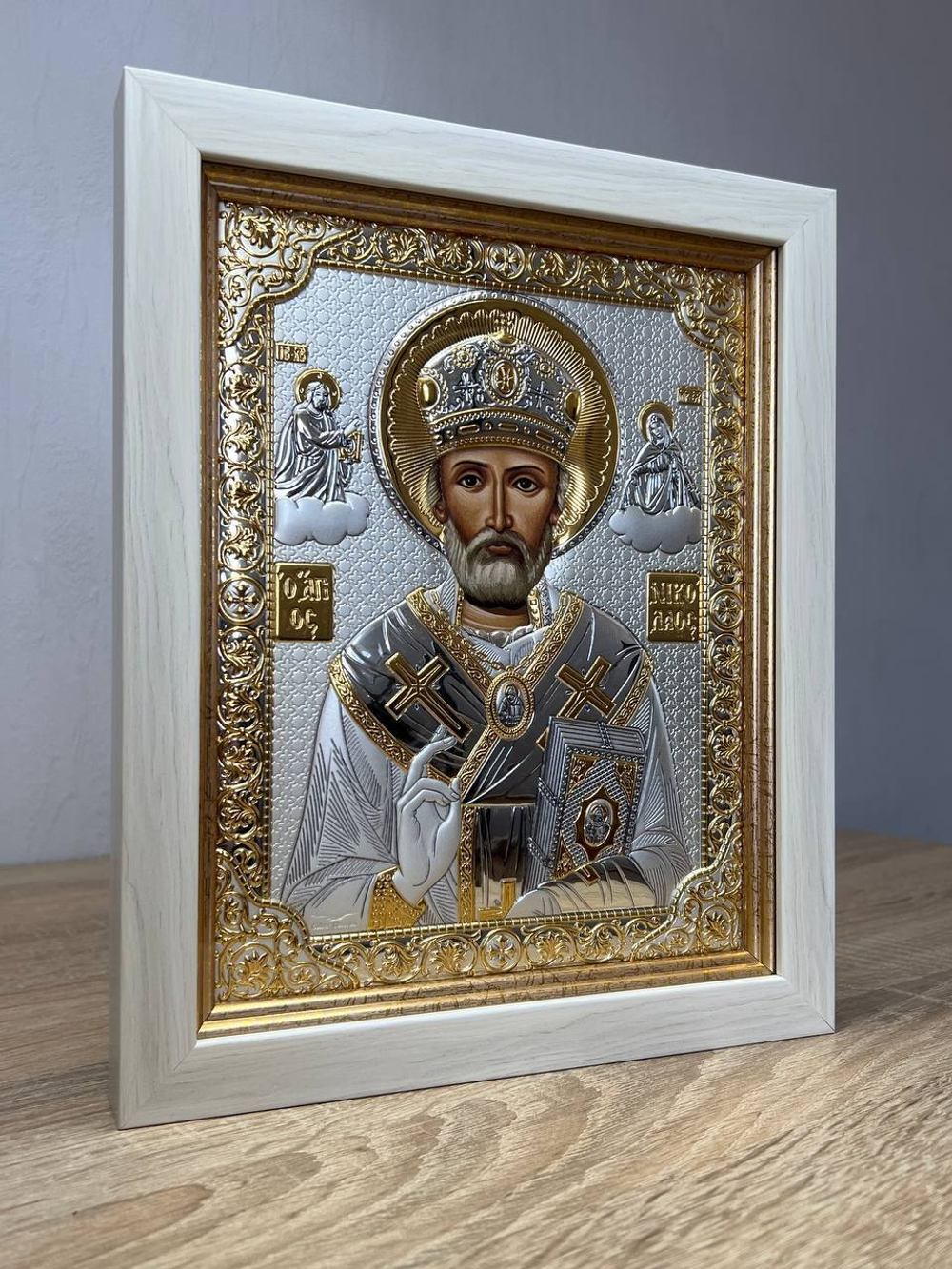 Николай Чудотворец, икона прямоугольная в рамке под стеклом, белое дерево 206х258
