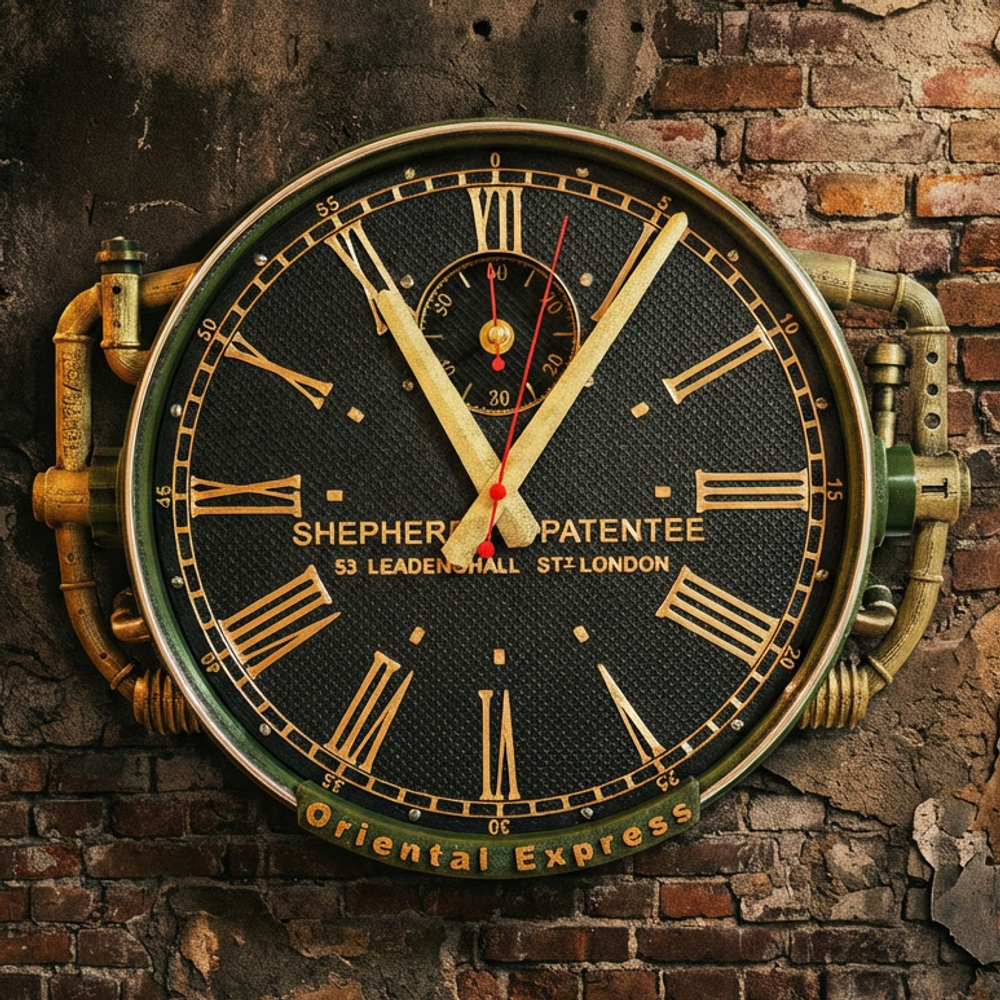 Настенные часы Oriental Express WOODandROOT с открытой лицевой частью, индустриальный дизайн и латунная патина на кирпичной стене