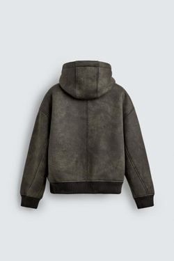 ZARA КУРТКА - ДУБЛЕНКА ИЗ ИСКУССТВЕННОЙ КОЖИ С ЭФФЕКТОМ ПОТЕРТОСТИ, ЗЕЛЕНЫЙ ХАКИ