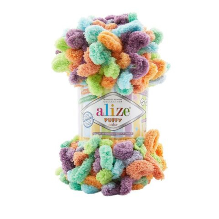 Пуффи колор (Puffy color) пряжа Alize 100%микрополиэстер 5х100г/9 м (4530 сливово-оранжево-салатово-голубой)