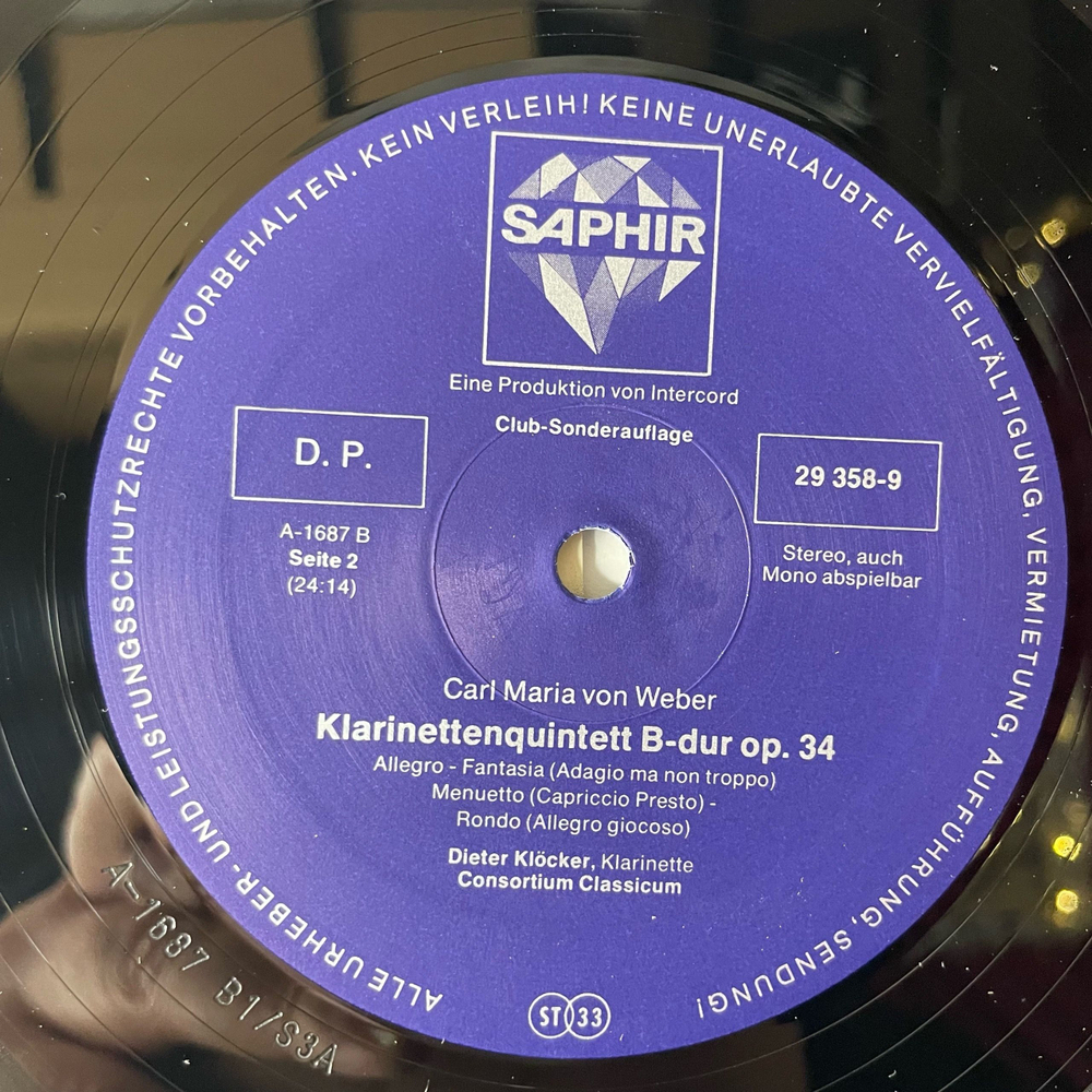 Винтажная виниловая пластинка LP Сборник Классической Музыки, Моцарт, Вебер, Dieter Klocker, Consortium Classicum, Klarinettenquintette (Германия 1977)