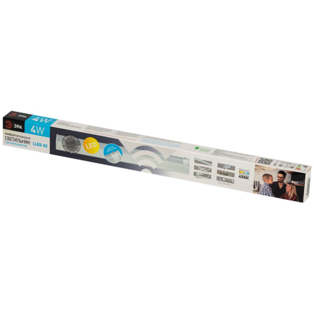 Линейный светодиодный светильник ЭРА LLED-02-04W-4000-MS-W 4Вт 4000K L314мм с датчиком движения и освещения | Бытовые светодиодные линейные светильники