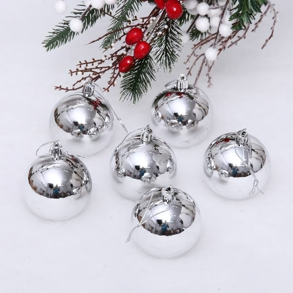 Новогодние шары 6 см (набор 6 шт) "Глянец", Серебро (Серпантин)