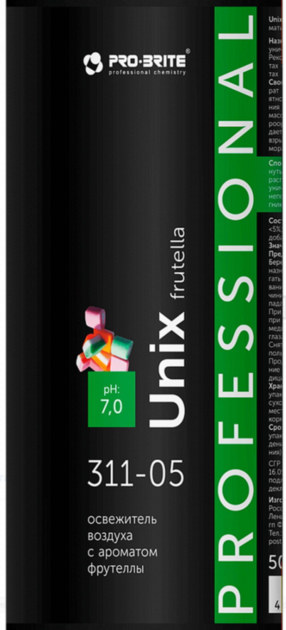 Освежитель бактерицидный с ароматом Фрутеллы, Unix Frutella 0,5 л., PRO-BRITE (12шт) 311-05
