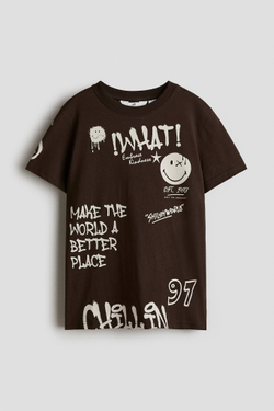 H&M Футболка из хлопка с принтом, темно-коричневый