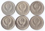 Комплект монет (6шт.) 15 копеек, 1961,62,76,77,78,79. 1979-штемп., XF