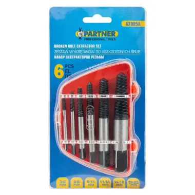 Набор экстракторов резьбы,6пр.(М3-М25, Ø:3-6мм, 6-8мм, 8-11мм, 11-14мм, 14-18мм, 18-25мм, ''мелкий шаг''), в пластиковом футляре Partner PA-63005A