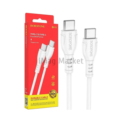Зарядный кабель Borofone BX51, USB-C - Type-C, 3A, 60W, 1 м, белый