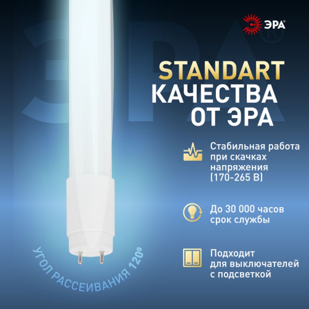 Лампа светодиодная ЭРА STD LED T8-10W-865-G13-600mm 10Вт трубка стекло холодный дневной свет G13 поворотный | Лампы cветодиодные Линейные  (T8)