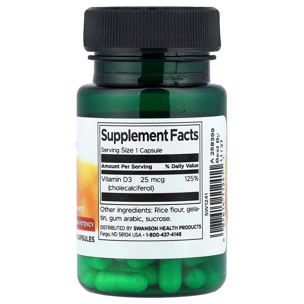 Swanson, витамин D3, высокоактивный, 25 мкг (1000 МЕ), 30 капсул