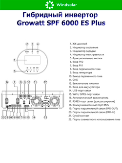Гибридный инвертор Growatt SPF 6000 ES Plus (6 kW / 48V / PV 8000W 120-500V / MPPT 2/1)