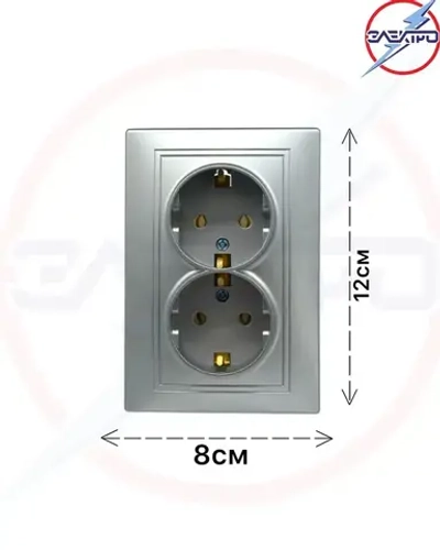Розетка двойная с заземлением МИРА, цвет серебро, внутренняя