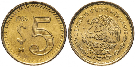 Мексика 5 песо, 1985 - 1988 Герб XF