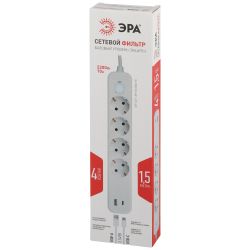 Сетевой фильтр ЭРА USF-4es-1,5m-2xUSBAC-W с базовой защитой с заземлением с выключателем 4 розетки+2xUSBA+C2,4A 1,5м 10А | Сетевые фильтры