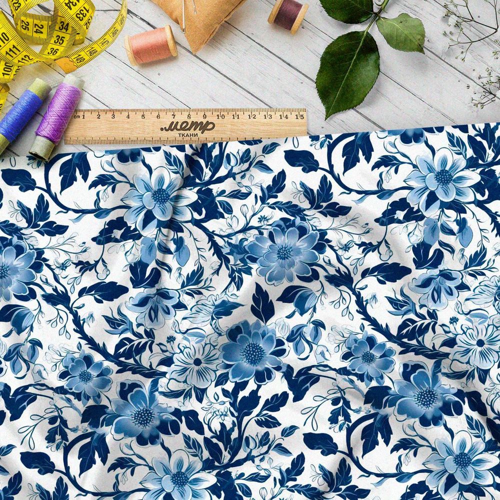 Ткань премиум шелк искусственный Армани голубой цветник