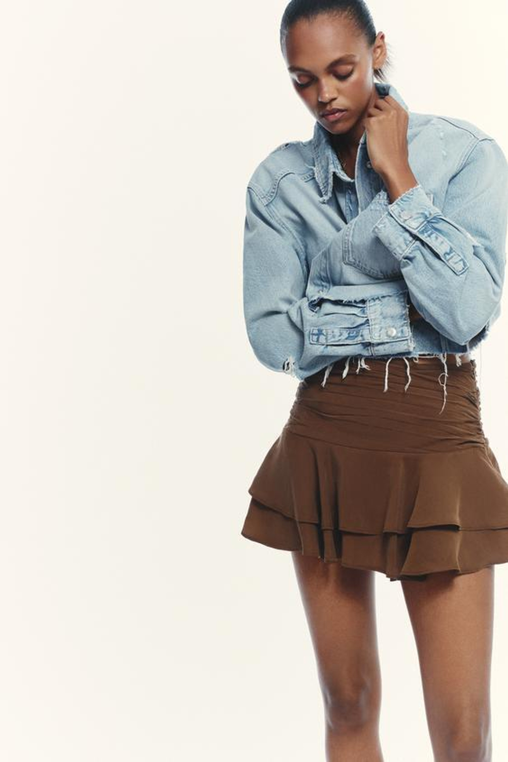 ZARA ЮБКА-ШОРТЫ С ВОЛАНАМИ, ШОКОЛАДНО-КОРИЧНЕВЫЙ