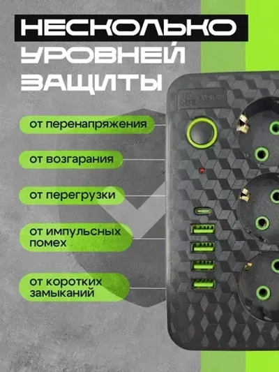 Сетевой фильтр Artdem удлинитель сетевой 3м с предохранителем, с USB.